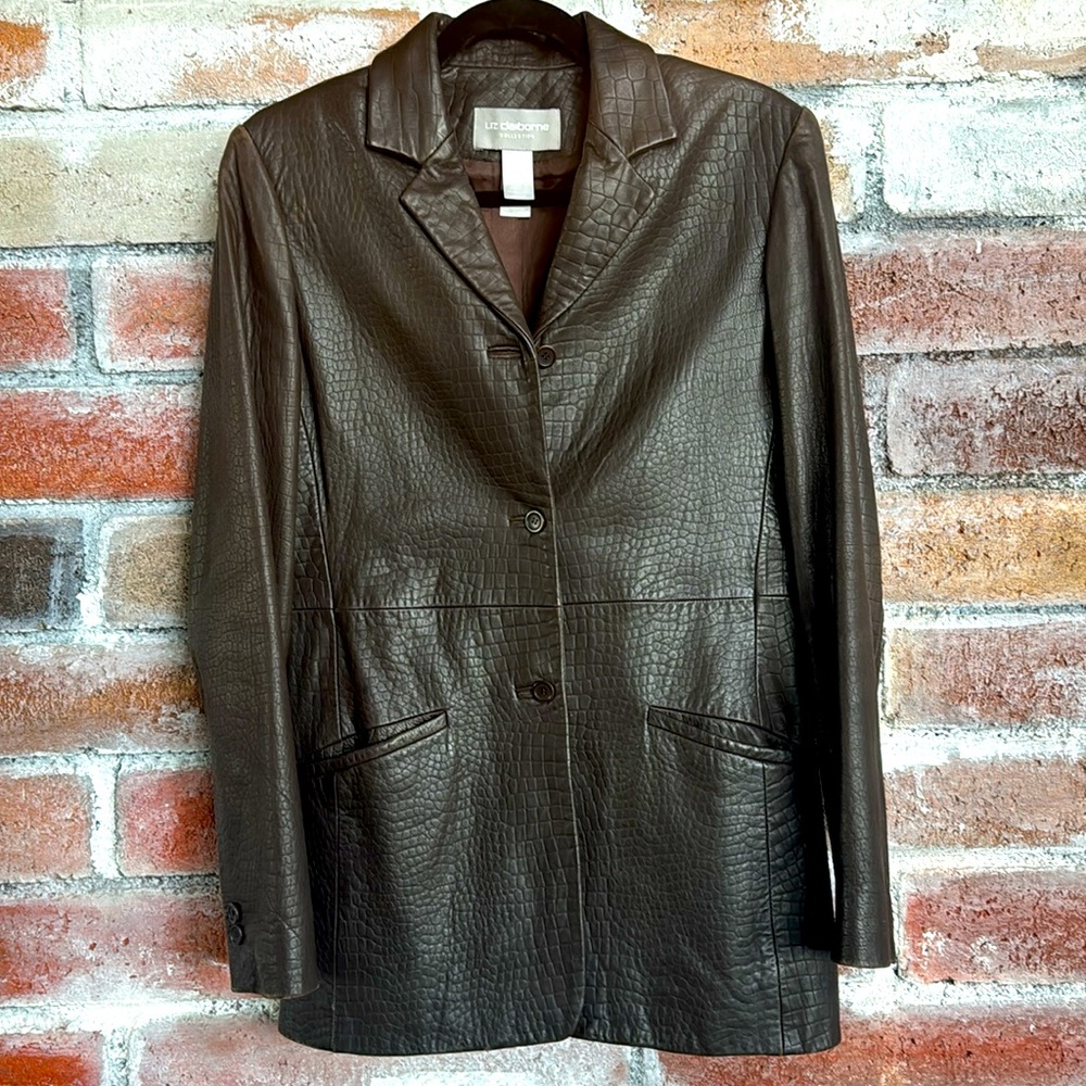 Liz Claiborne Leather Blazer Fitted Jacket size 4 Coffee Brown Snakeskin Pattern